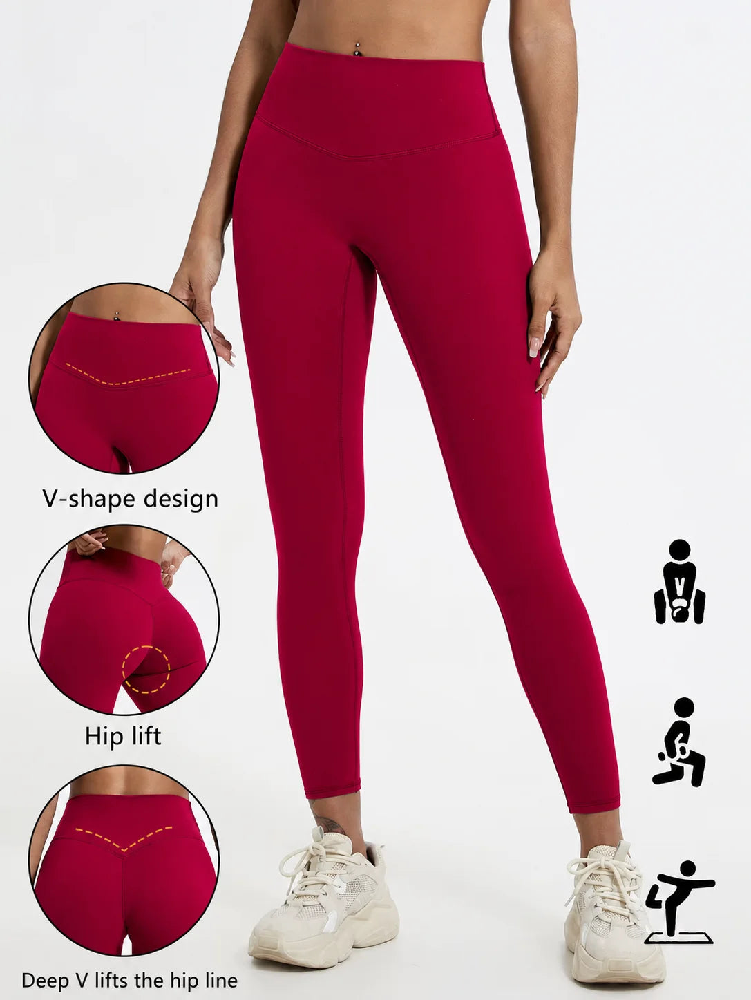 A model wears deep red high-waist yoga leggings demonstrating a V-shape design and hip lift.