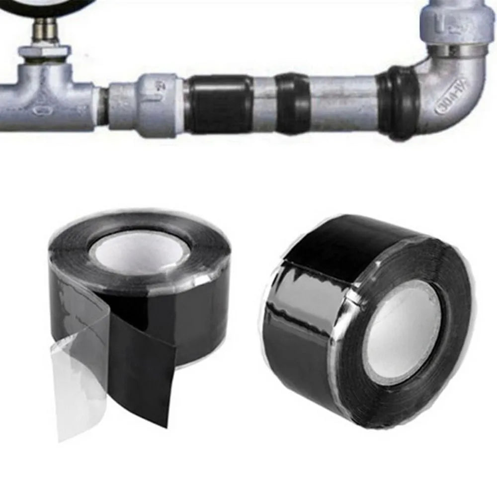 Roll of black heavy duty self-fusing silicone repair tape with a metal fitting.