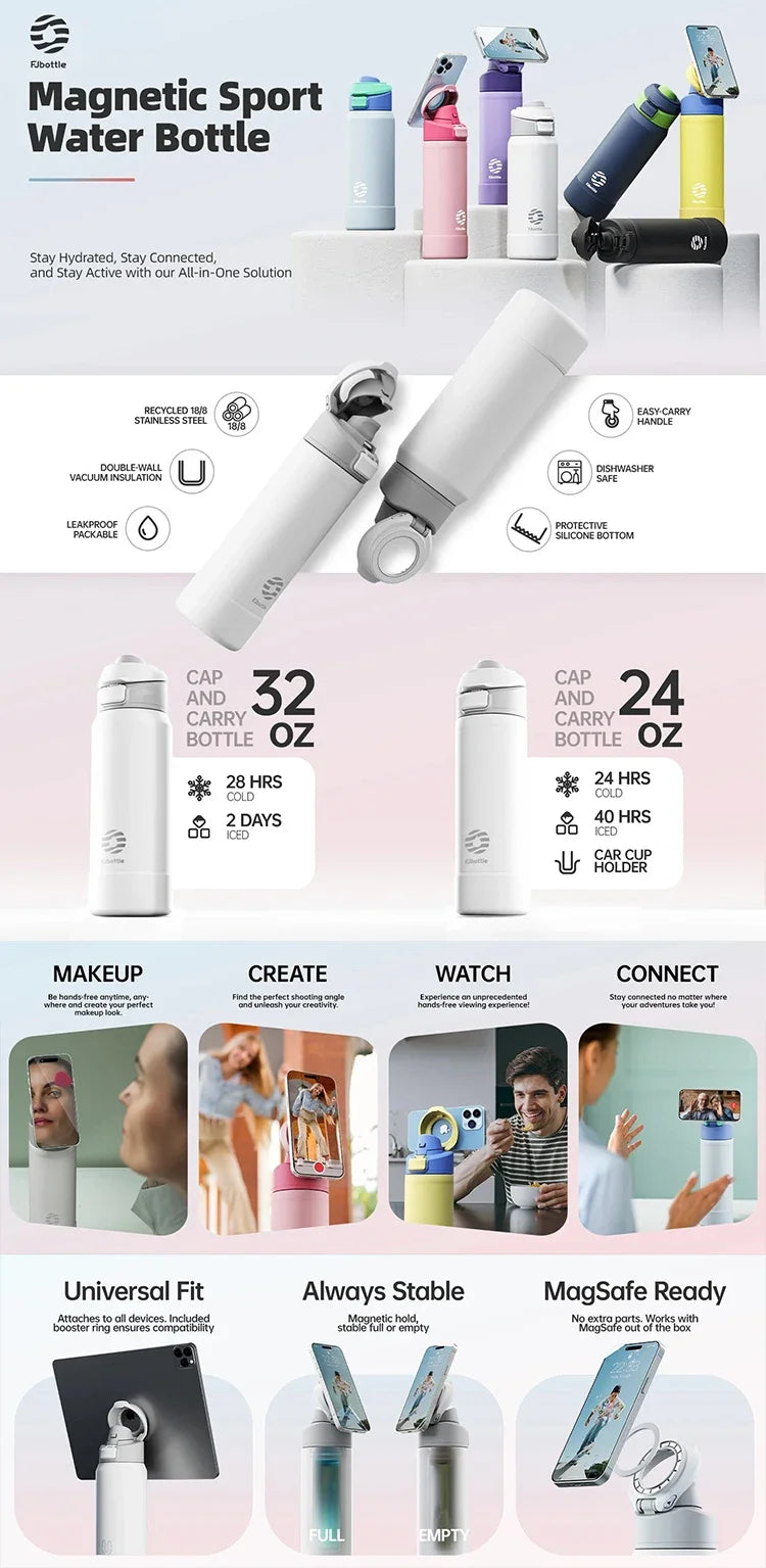 A collection of magnetic sports water bottles in various colors and sizes, showing different uses and components.