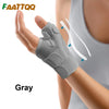 Gray flexible thumb splint wrist brace worn on a hand for joint support.