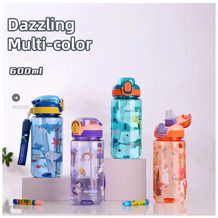 A collection of colorful silicone straw water bottles for kids in various shades and designs.