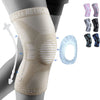 A beige knee brace with a translucent insert is shown on a leg, alongside various colored braces.