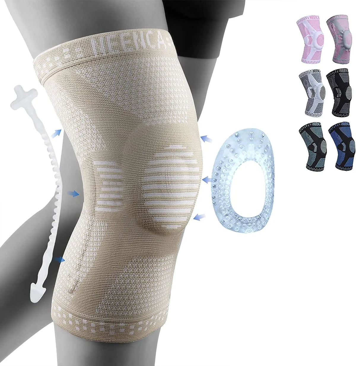 A beige knee brace with a translucent insert is shown on a leg, alongside various colored braces.