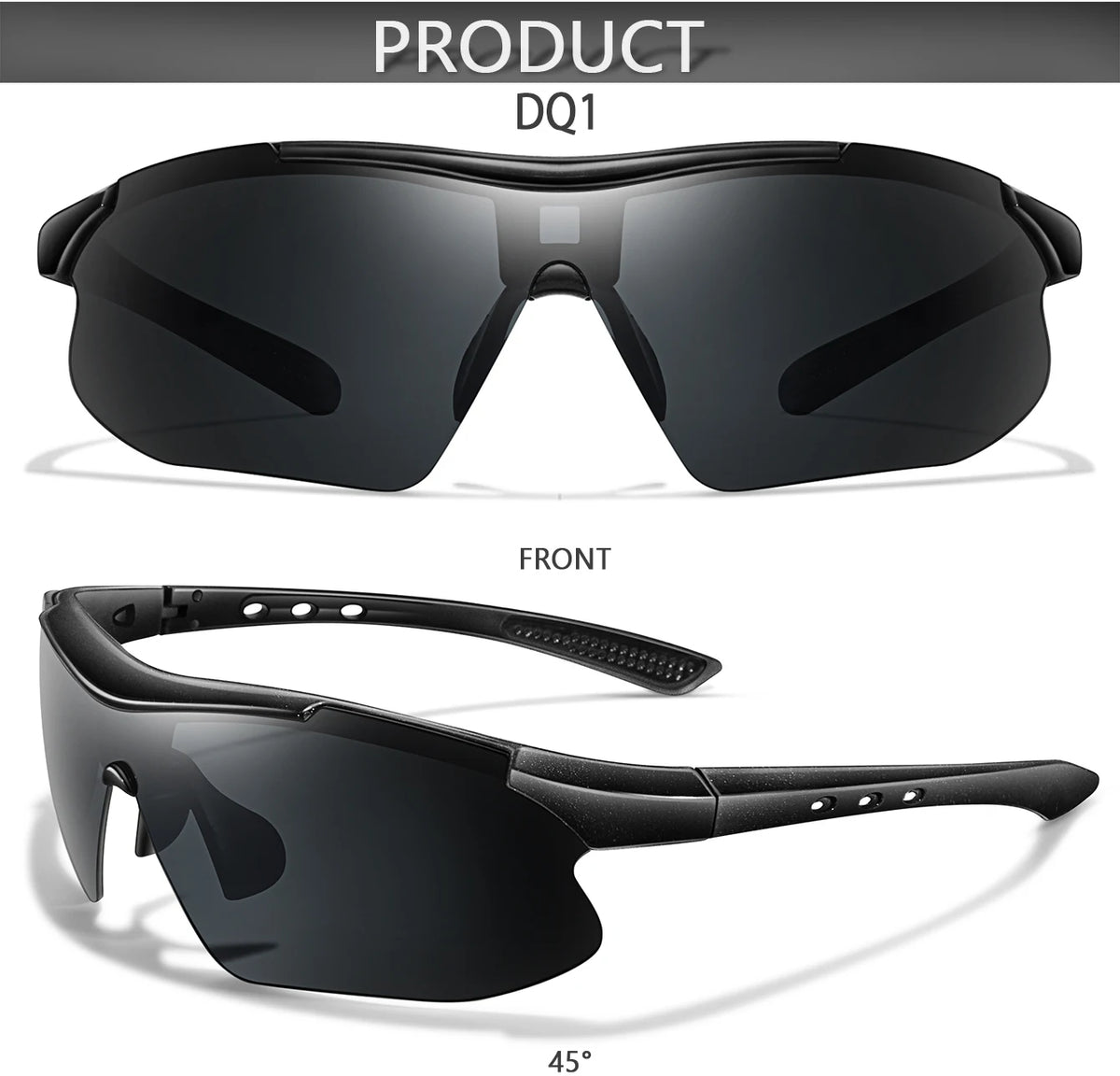 Une paire de lunettes de sport noires DQ1 montrée de face et de côté.