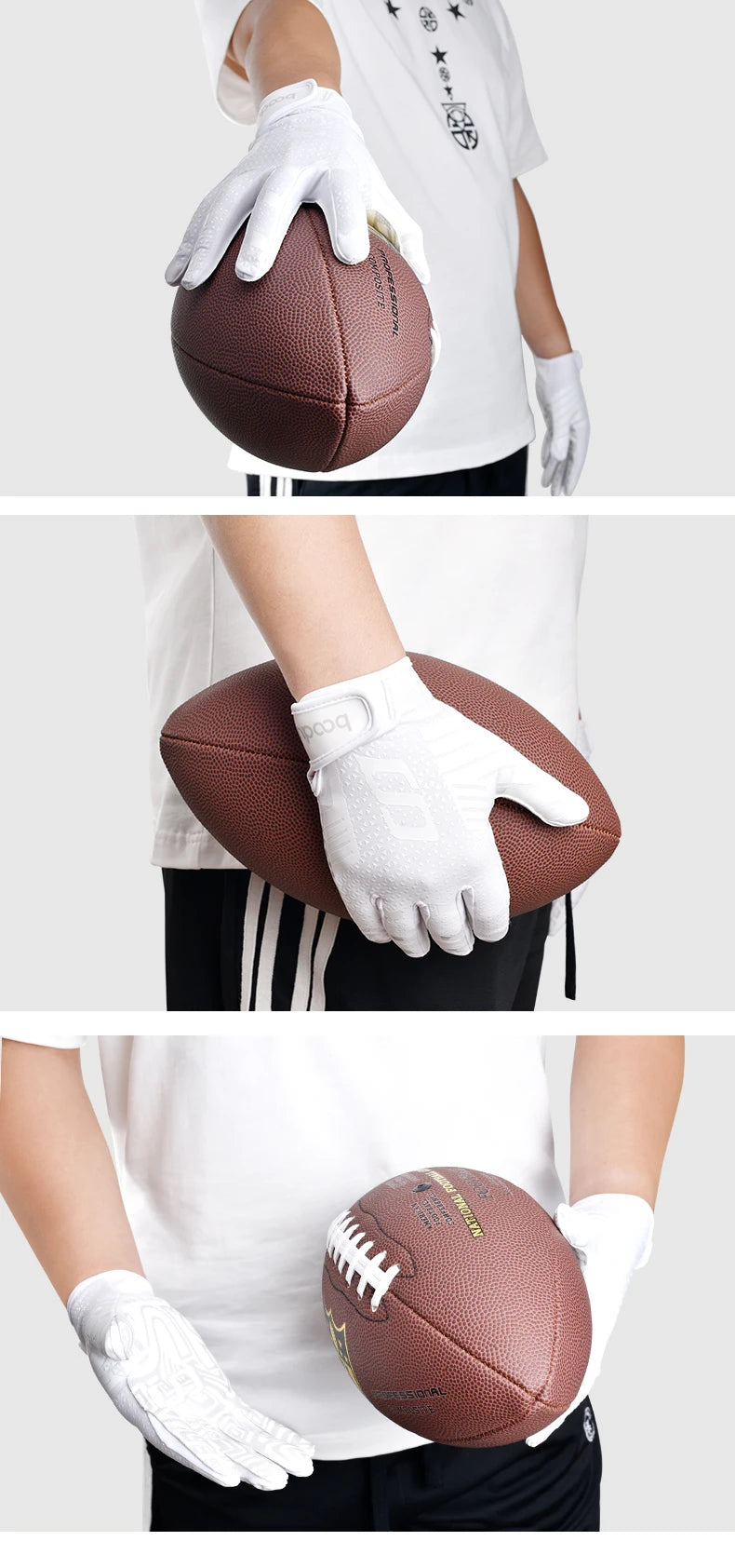 Una persona con guantes blancos sostiene un balón de rugby marrón.