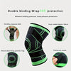 Black knee brace with green accents showing double binding and elastic fabric features