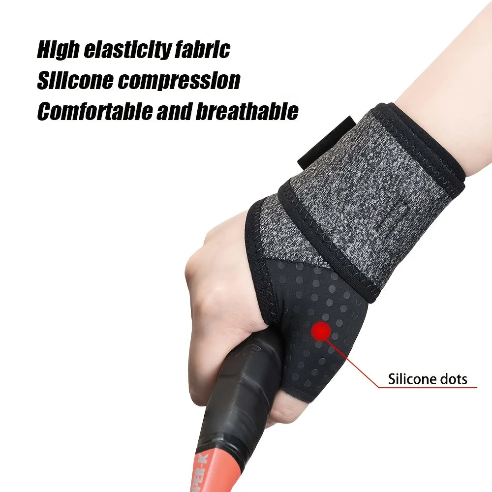 A hand is wearing a black silicone compression wristband on the wrist, highlighting the silicone dots.