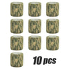Ten rolls of outdoor camouflage elastic wrap tape in a mottled green and brown pattern.