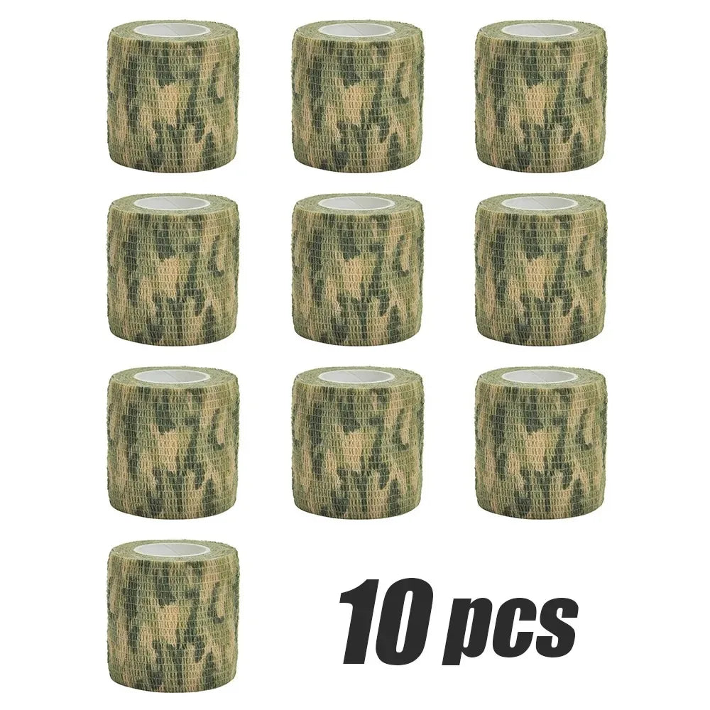 Ten rolls of outdoor camouflage elastic wrap tape in a mottled green and brown pattern.