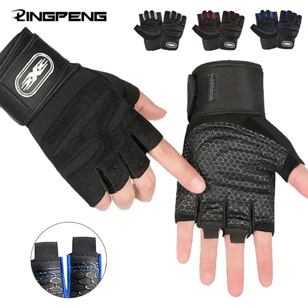 A set of black workout gloves shown with a close-up of the palm and fingers, including a detail view of blue accents.