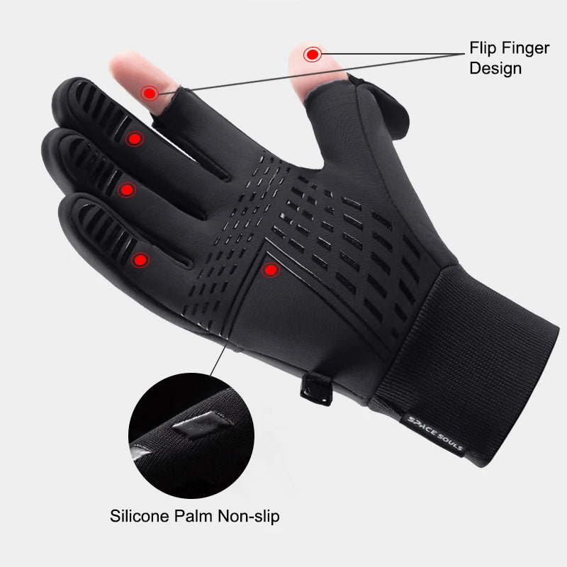 Black performance outdoor sports gloves showing the flip finger design and silicone palm non-slip feature