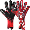 A pair of red and black performance football goalkeeper gloves shown against a white background.