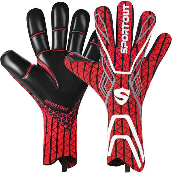 A pair of red and black performance football goalkeeper gloves shown against a white background.