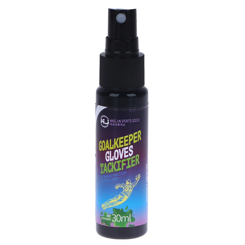 A dark bottle of Goalkeeper Gloves Tackifier spray with a black pump dispenser.