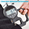 A hand holds a black compression brace measuring 157mm on a digital tape measure device.