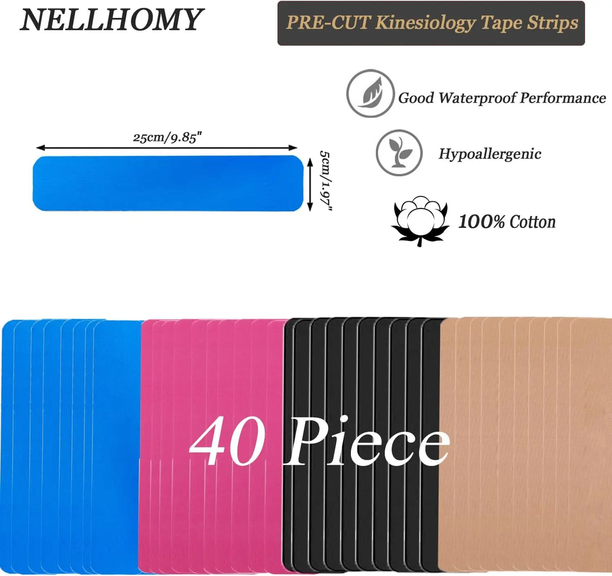 A set of 40 pre-cut kinesiology tape strips in various colors including blue, pink, black, and beige.