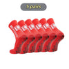 Five pairs of red mid-calf football socks are displayed in a row.
