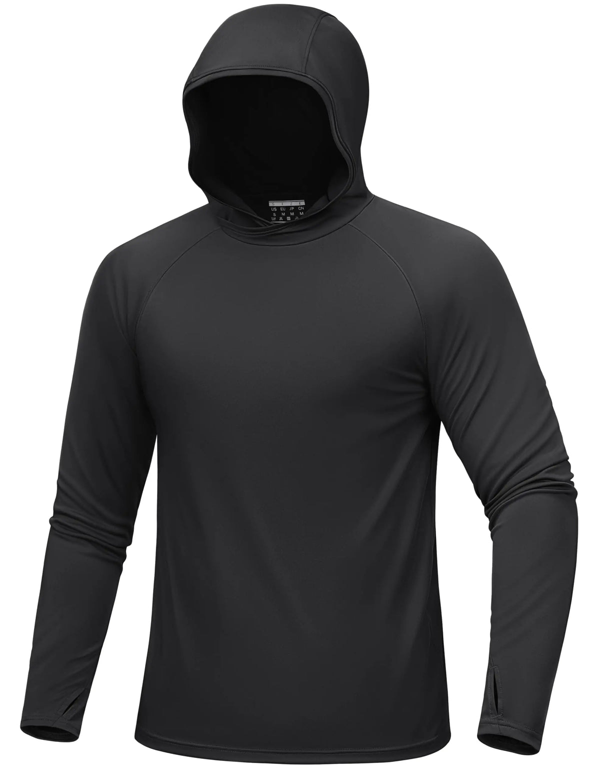 Schwarzer, langärmeliger, leichter Hoodie für Herren mit Kapuze, von vorne.