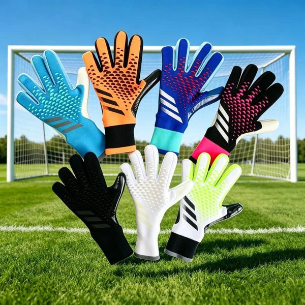 A collection of colorful goalkeeper gloves displayed in front of a soccer goal on a green field.