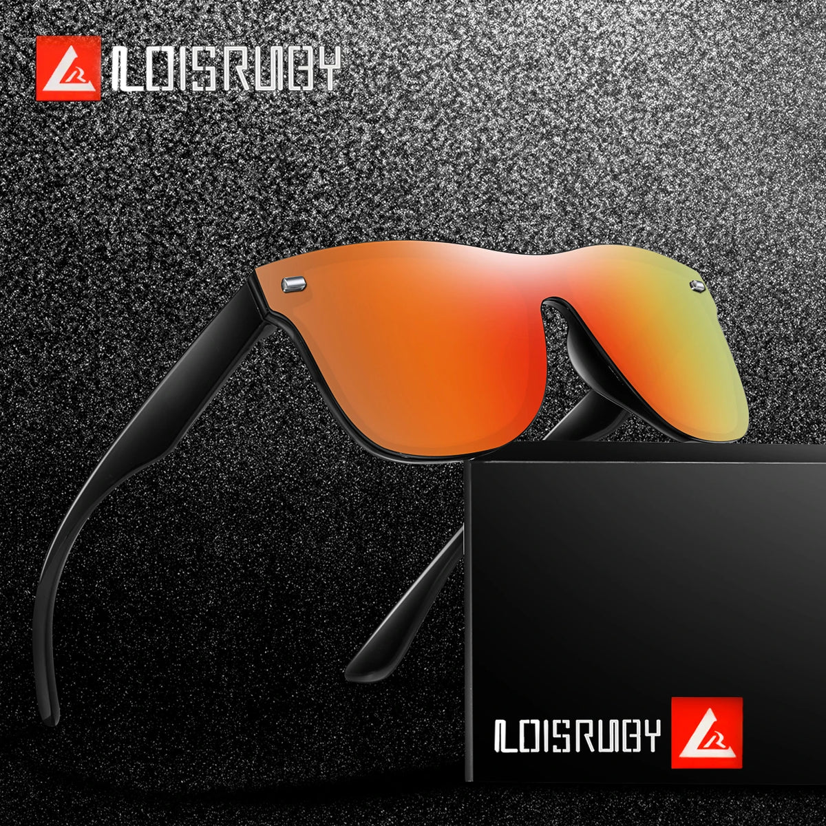 A pair of orange-tinted frameless sports sunglasses resting on a black surface next to its packaging.