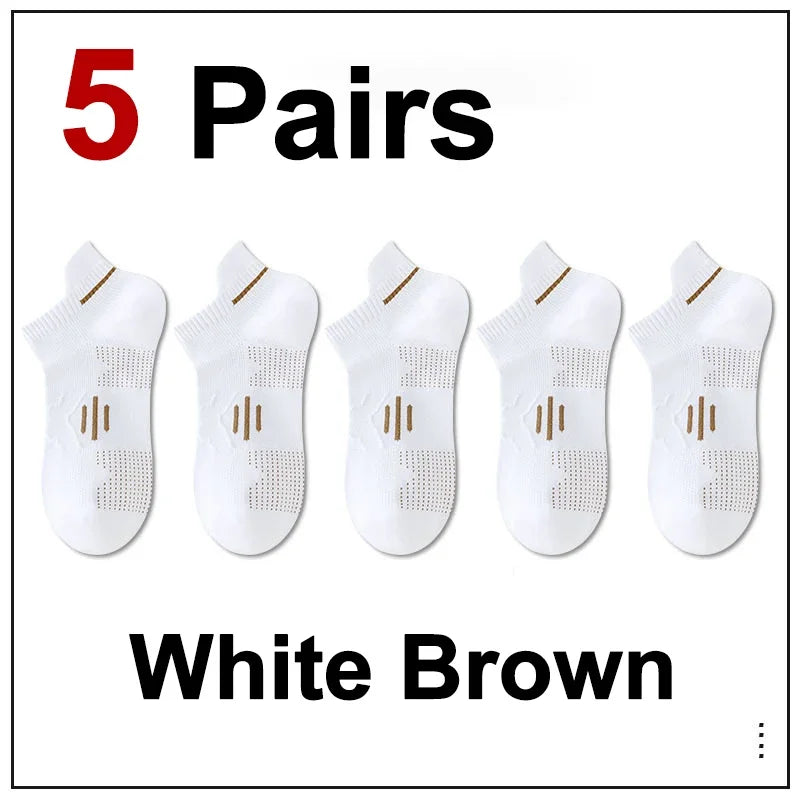 Five pairs of white brown breathable men's running socks displayed on a white background.