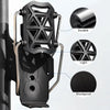 A black universal rotating cup holder designed for bikes and motorcycles, highlighting its durable, light, and shockproof fea
