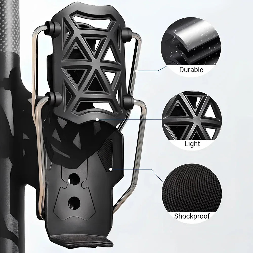 A black universal rotating cup holder designed for bikes and motorcycles, highlighting its durable, light, and shockproof fea