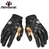 A pair of black checkered pattern motocross and off-road cycling gloves with tan accents.