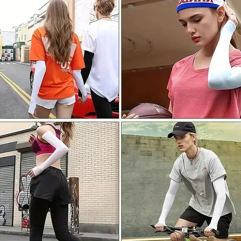 Collage de mujeres usando mangas blancas y rosas para protección solar en diferentes exteriores.