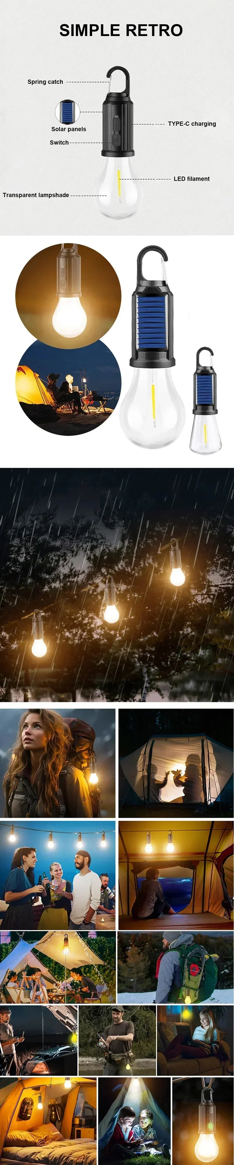 A series of images showing a simple retro solar-powered LED camping lantern in various outdoor and indoor settings.