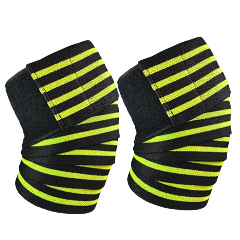 Pair of black and neon yellow knee wraps for strength training