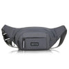 A dark gray durable nylon waist bag for men with a flap closure and shoulder straps.