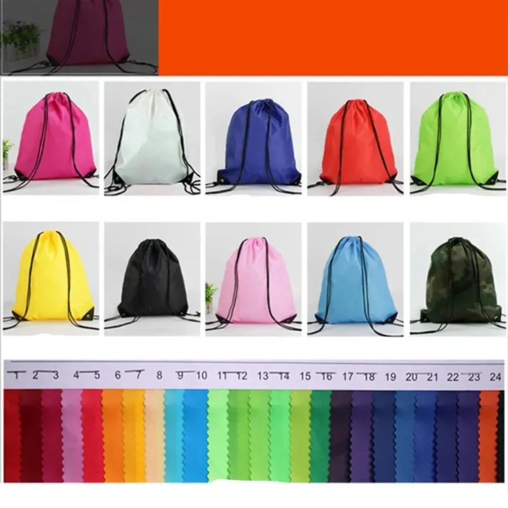 A colorful assortment of drawstring storage bags in various shades including pink, green, blue, and yellow.
