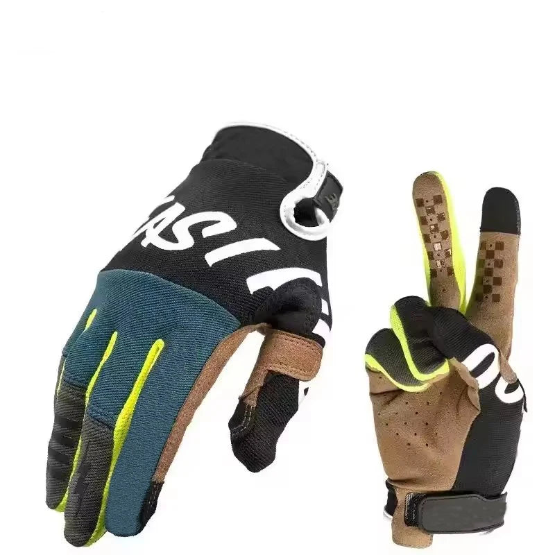 A pair of black and olive green breathable full-finger cycling gloves shown from the back.