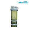 A green 3-layer protein shaker bottle with a white handle.