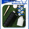 Two collapsible silicone water bottles, black and white, are shown on green grass with various sports icons.