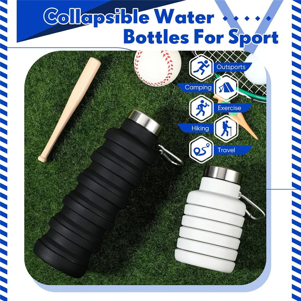Two collapsible silicone water bottles, black and white, are shown on green grass with various sports icons.