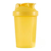 A bright yellow portable protein shaker bottle.
