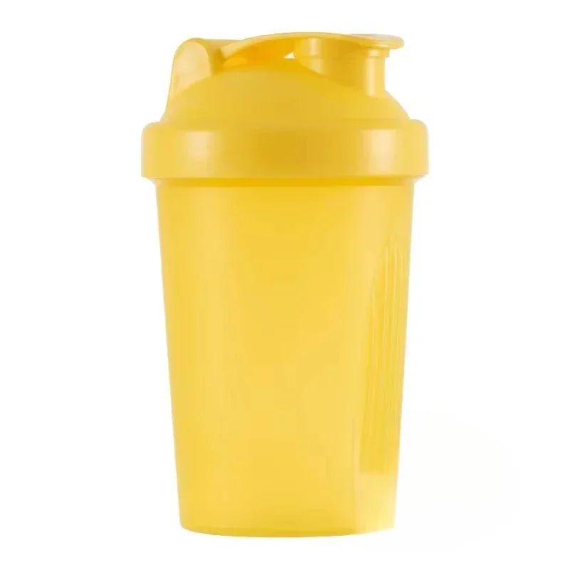 A bright yellow portable protein shaker bottle.