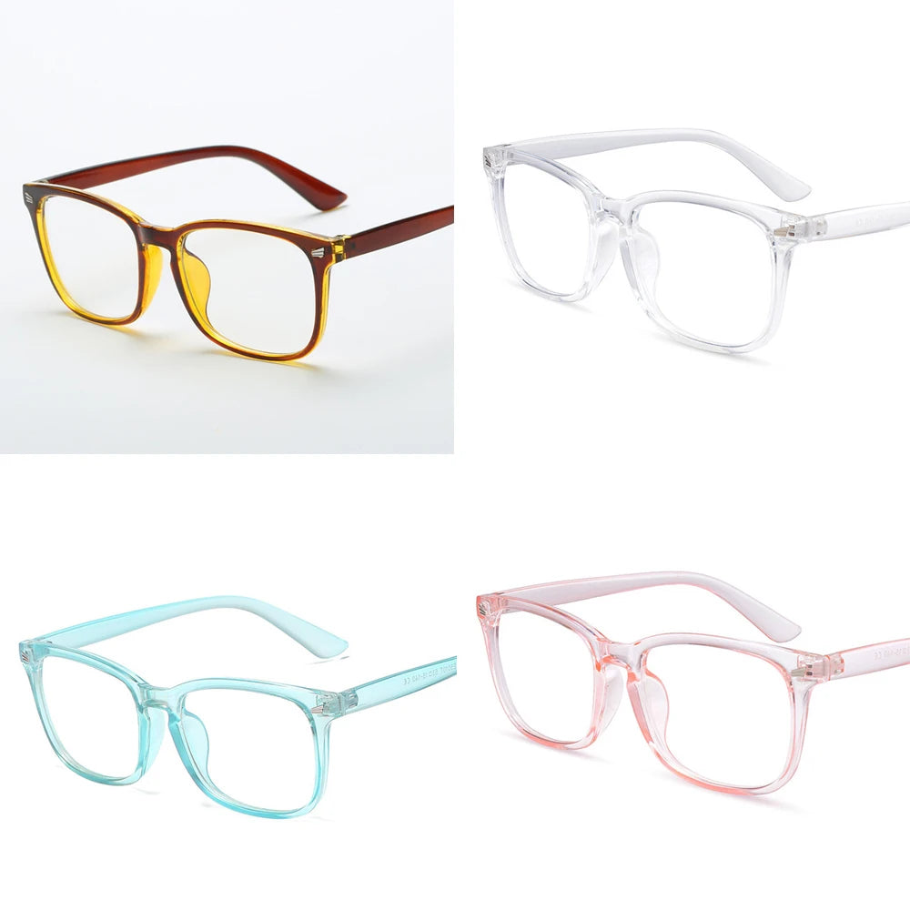 A set of four optical glasses frames in brown, clear, and pink colors shown against a white background.