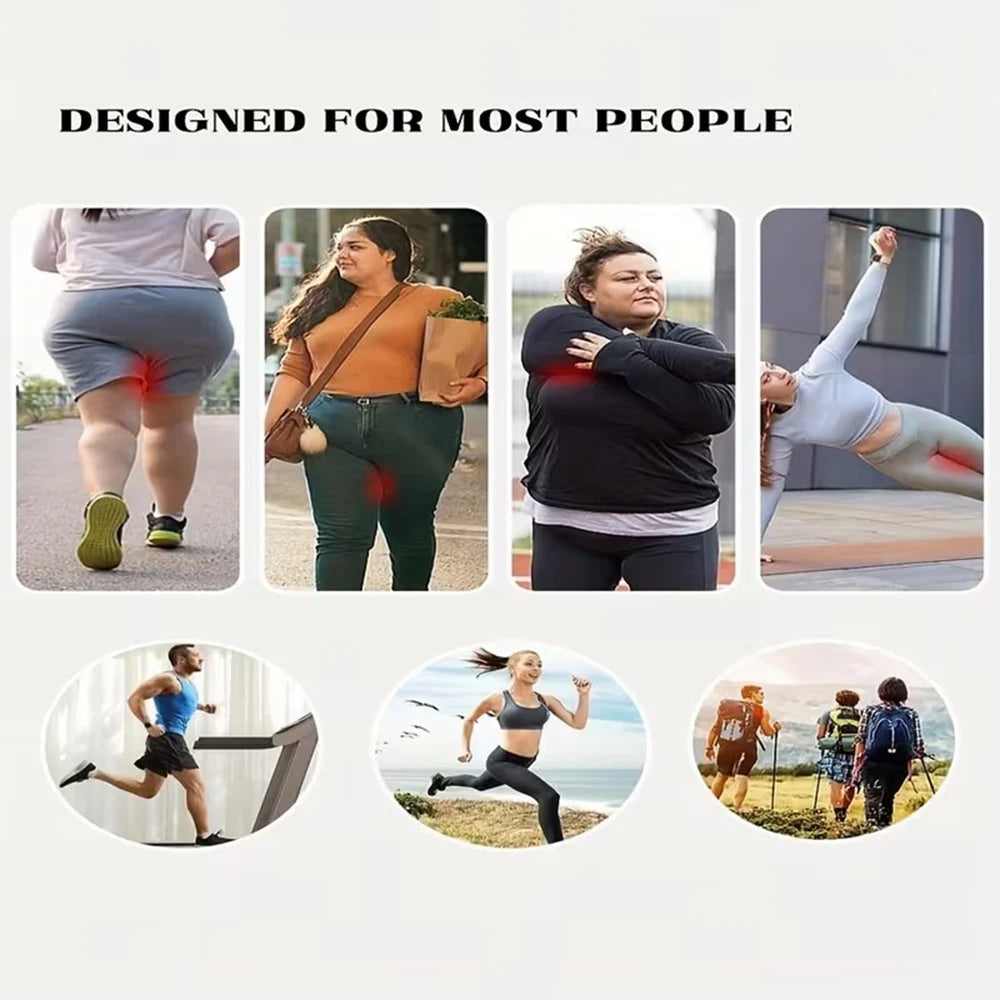 Various women demonstrate the thigh friction protection pads on their legs and thighs.
