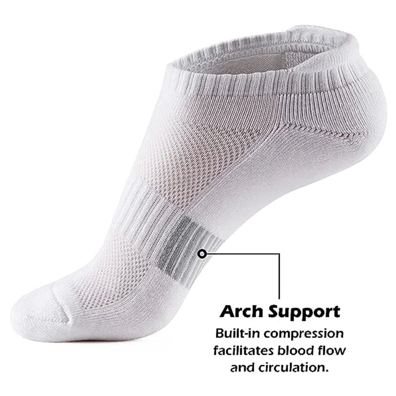 White compression socks with arch support for blood flow and circulation.