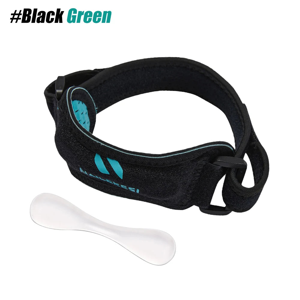 Black adjustable knee strap for patella tendon support shown with a white silicone piece