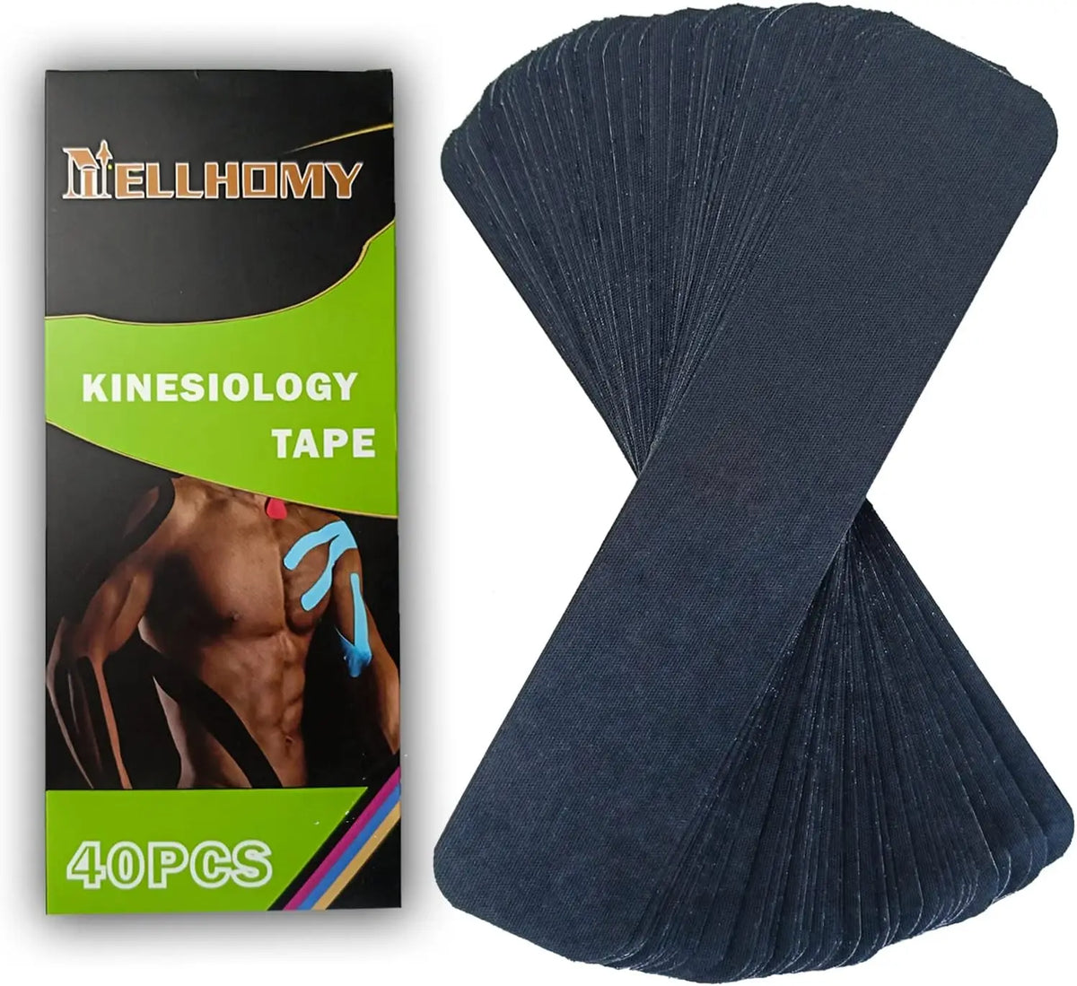 A pack of 40 pieces of dark blue kinesiology tape for pain relief.