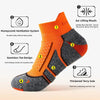 Orange and gray performance sports ankle socks with features like ear lifting mouth, seamless toe design, and thickened terry