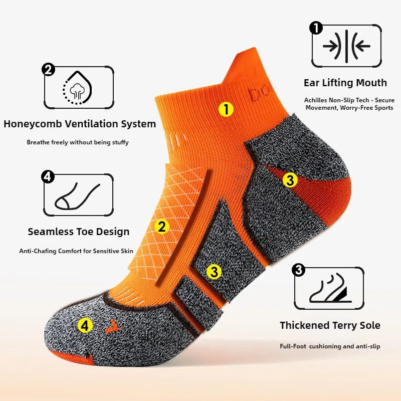 Orange and gray performance sports ankle socks with features like ear lifting mouth, seamless toe design, and thickened terry