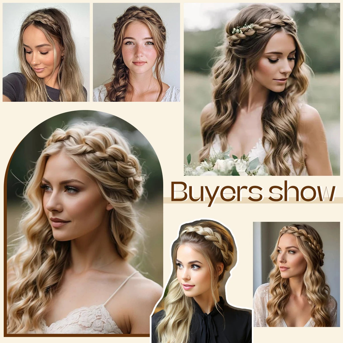 A collage of women showcasing various bohemian style braided hair accessories and long wavy hair.