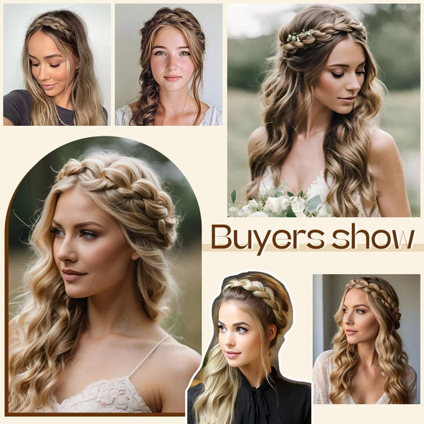 Collage de femmes présentant divers accessoires pour cheveux tressés de style bohème et longs cheveux ondulés.