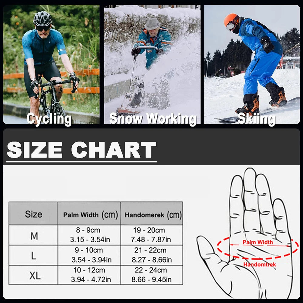 Size chart showing palm width and handometer measurements for M, L, and XL sizes of performance outdoor sports gloves
