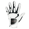 A close-up view of a white and black performance golf grip glove hand.